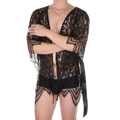 See-through Waist Tie Short Robe - Image 3